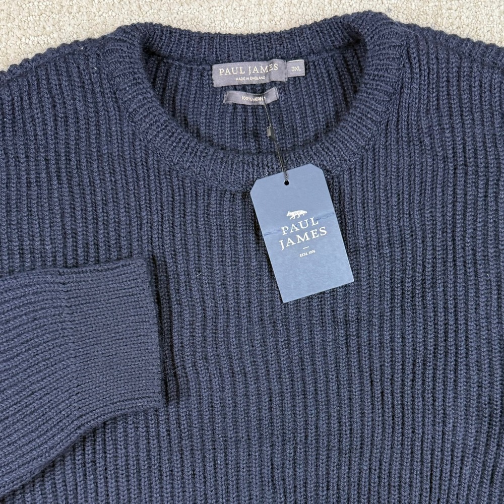 NWT Paul James Mens 3XL Navy Blue 100% Merino Wool Ribbed Crew Neck Sweater
